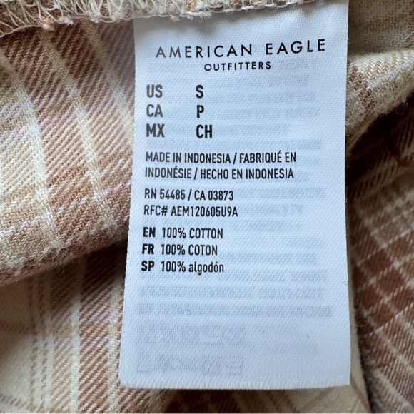 American Eagle Flannel Shirt Soft Tan White Plaid Button Down Collar Sz S - Picture 6 of 13
